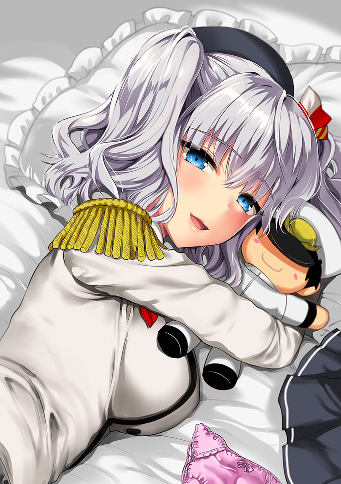 1girl admiral_(kantai_collection) beret black_hat black_skirt blue_eyes blush blush_stickers breasts epaulettes eyebrows_visible_through_hair frilled_pillow frills hair_ribbon half-closed_eyes hat jacket kantai_collection kashima_(kantai_collection) kojima_saya large_breasts long_hair long_sleeves looking_at_viewer lying military military_jacket military_uniform neckerchief object_hug on_side open_mouth panties panties_removed pillow pink_panties pleated_skirt red_neckwear ribbon ribbon-trimmed_panties sidelocks silver_hair skirt skirt_removed smile solo stuffed_toy tsurime twintails underwear uniform upper_body wavy_hair white_jacket