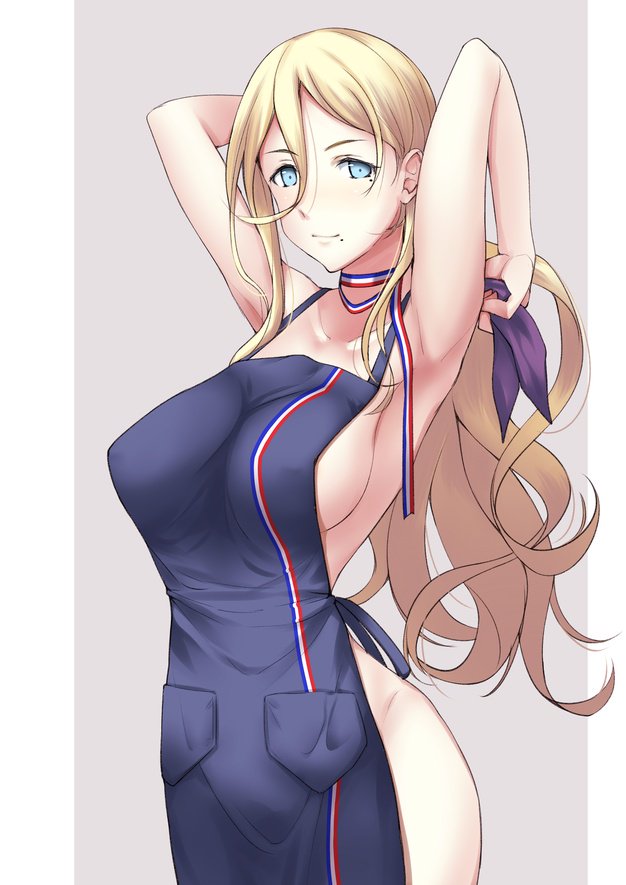 1girl alternate_costume apron armpits bangs blonde_hair blue_eyes blush breasts closed_mouth commentary_request cowboy_shot eyebrows_visible_through_hair hair_between_eyes kantai_collection kuurunaitsu large_breasts long_hair looking_at_viewer mole mole_under_eye mole_under_mouth naked_apron ribbon richelieu_(kantai_collection) simple_background smile solo very_long_hair