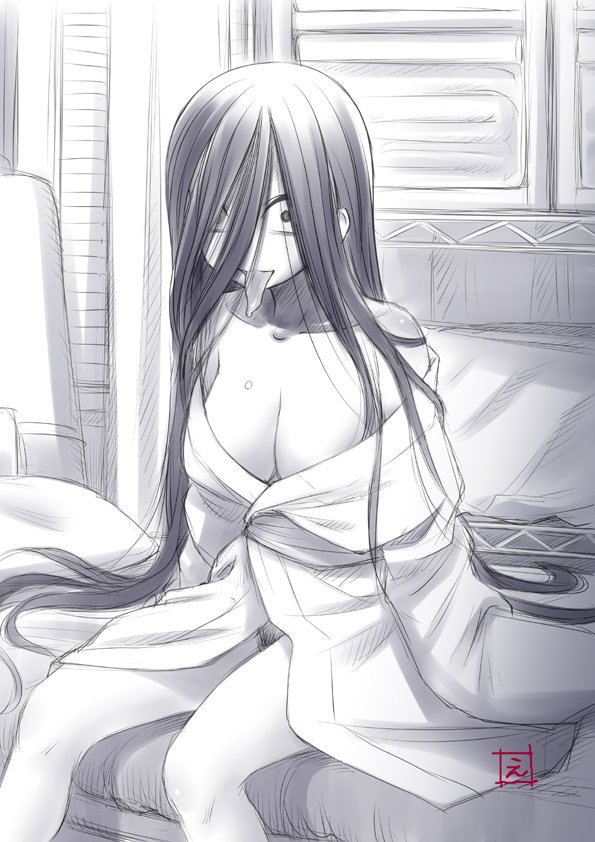 1girl bare_shoulders bed breasts cleavage commentary_request ebifly greyscale hair_over_one_eye large_breasts long_hair long_sleeves monochrome naked_shirt off_shoulder pubic_hair saliva sanpaku shirt signature sitting solo the_ring tongue tongue_out very_long_hair wide-eyed yamamura_sadako