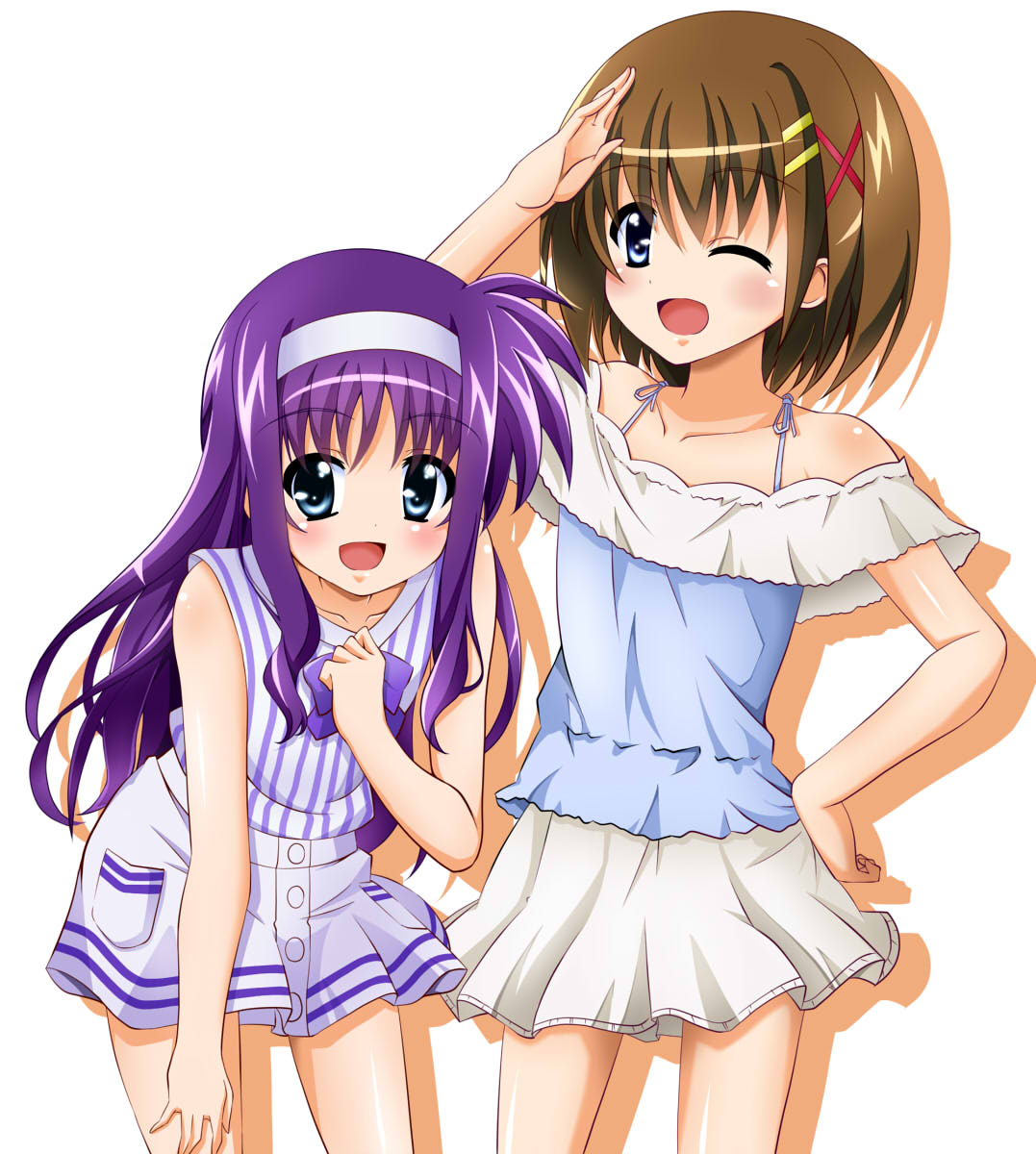 2girls ;d blue_eyes brown_hair collarbone cowboy_shot eyebrows_visible_through_hair hair_between_eyes hair_ornament hairband hand_on_hip hand_on_lap highres leaning_forward long_hair looking_at_viewer lyrical_nanoha mahou_shoujo_lyrical_nanoha miniskirt multiple_girls one_eye_closed open_mouth purple_hair salute shiny shiny_hair shiny_skin shirt short_hair simple_background skirt sleeveless sleeveless_shirt smile solo standing striped striped_shirt tsukimura_suzuka vertical-striped_shirt vertical_stripes very_long_hair white_background white_hairband white_skirt x_hair_ornament yagami_hayate yorousa_(yoroiusagi)