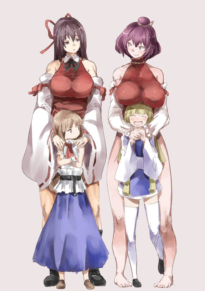 4girls ^_^ bare_legs bare_shoulders black_hair blonde_hair breast_rest breasts brown_eyes brown_hair closed_eyes closed_eyes crossed_arms detached_sleeves fang hair_bun hair_ribbon height_difference ibuki_suika large_breasts long_hair m.u.g.e.n moriya_suwako multiple_girls open_mouth original purple_hair red_eyes ribbon sendai_hakurei_no_miko short_hair sideways_glance smile touhou wide_sleeves yasaka_kanako yohane