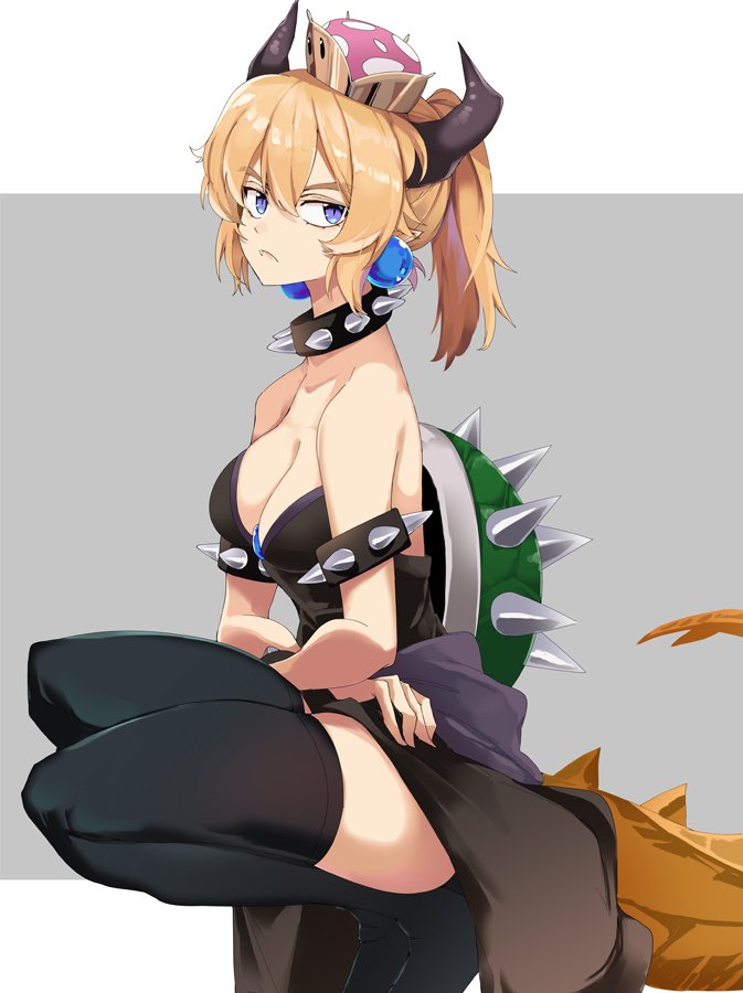 1girl bare_shoulders black_dress black_legwear blue_eyes bowsette bracelet breasts cleavage collar crown dress earrings fang from_side full_body jewelry kanameya looking_to_the_side super_mario_bros. medium_breasts new_super_mario_bros._u_deluxe nintendo pointy_ears ponytail sleeveless sleeveless_dress solo spiked_armlet spiked_bracelet spiked_collar spiked_shell spikes squatting strapless strapless_dress tail
