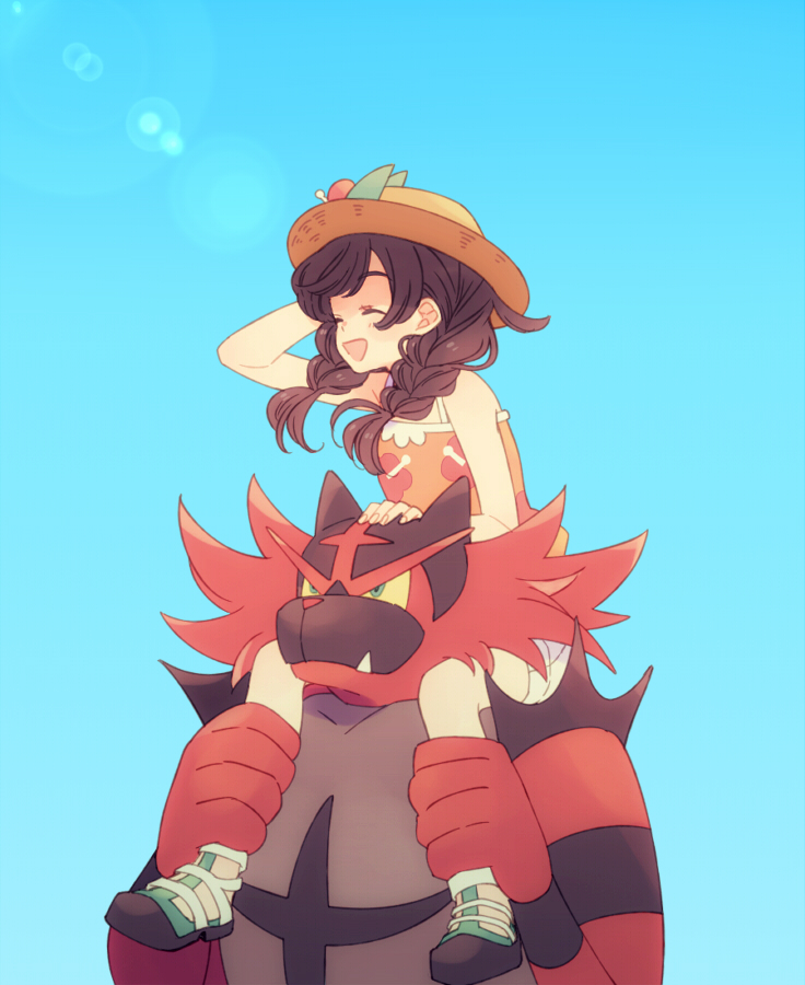 1girl braid brown_hair carrying closed_eyes creatures_(company) flower game_freak gen_7_pokemon halterneck hand_on_another's_head hand_on_headwear happy hat hat_flower incineroar komasawa_(fmn-ppp) lens_flare mizuki_(pokemon) nintendo open_mouth pokemon pokemon_(game) pokemon_usum shirt shorts shoulder_carry sky sleeveless sleeveless_shirt smile straw_hat sun sun_hat twin_braids