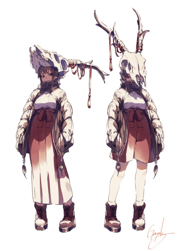 1girl ankle_boots antlers boots brown_footwear brown_hair brown_jacket hakama hands_in_pockets hat jacket japanese_clothes kyouya_(mukuro238) long_sleeves looking_at_viewer multiple_views open_clothes open_jacket original red_hakama shirt signature simple_background skull solo standing white_background white_shirt