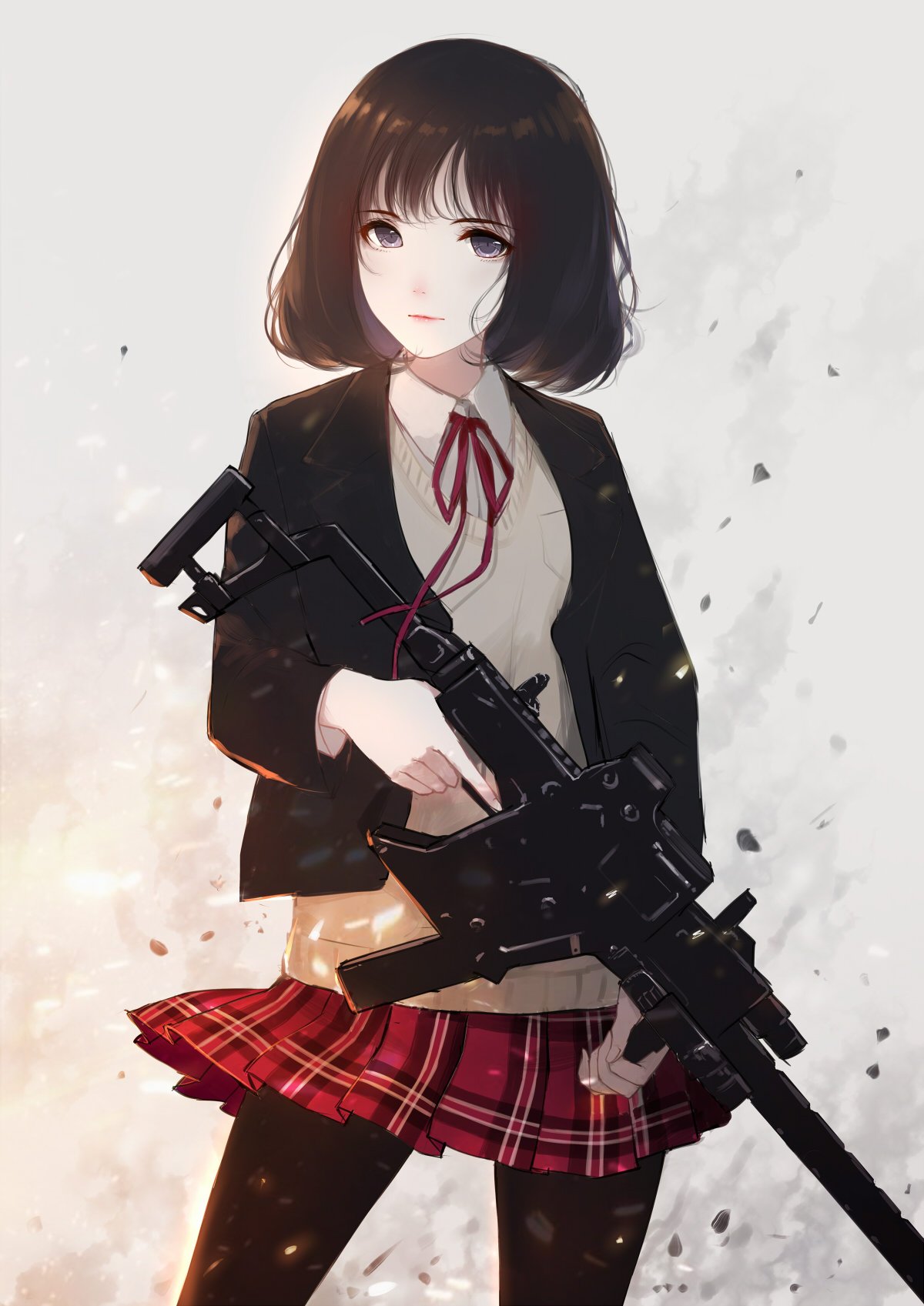 1girl bangs black_hair black_jacket black_legwear blunt_bangs caidychen closed_mouth collared_shirt commentary contrapposto cowboy_shot english_commentary gun highres holding holding_gun holding_weapon jacket kriss_vector layered_clothing light_smile long_sleeves looking_at_viewer miniskirt neck_ribbon original pantyhose photo-referenced plaid pleated_skirt pocket red_ribbon red_skirt ribbon school_uniform shiny shiny_hair shirt shirt_under_sweater short_hair skirt solo standing submachine_gun sweater_under_jacket trigger_discipline violet_eyes weapon white_shirt wing_collar