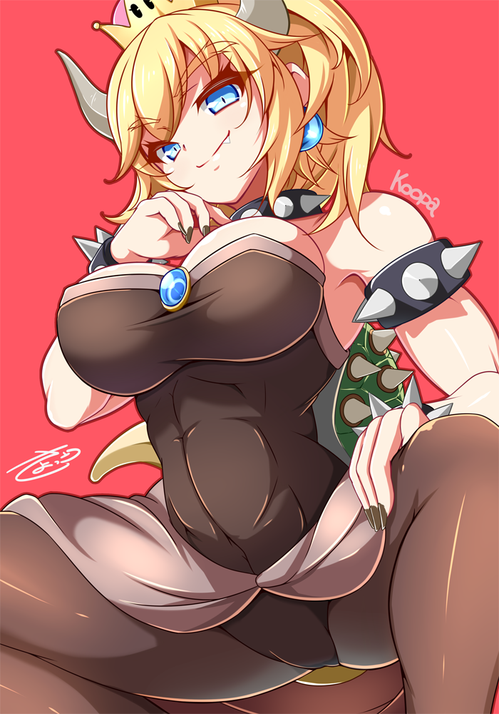 1girl bare_shoulders black_legwear black_leotard black_nails blonde_hair blue_earrings bowsette bracelet breasts brooch character_name cleavage collar commentary_request eyebrows_visible_through_hair fang_out fingernails hair_between_eyes hand_on_own_thigh hand_to_own_mouth head_tilt horns jewelry leotard long_ponytail looking_at_viewer super_mario_bros. muscle muscular_female nail_polish new_super_mario_bros._u_deluxe nintendo pantyhose pink_background sapphire_(stone) sayossa_(pak-front) sharp_fingernails shiny shiny_clothes shiny_hair short_hair sidelocks signature simple_background smile solo spiked_bracelet spiked_collar spiked_shell spikes squatting strapless strapless_leotard super_crown tail taut_leotard waist_cape