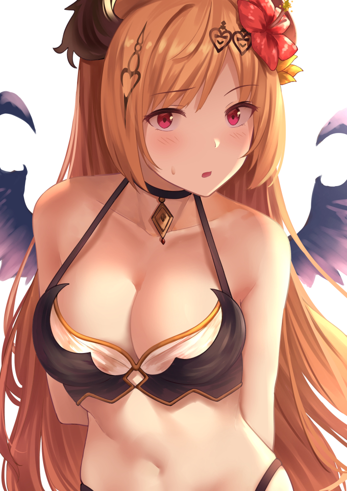 1girl arms_behind_back bikini black_bikini black_choker blonde_hair blush breasts choker cleavage collarbone commentary_request dark_angel_olivia eyebrows_visible_through_hair flower granblue_fantasy hair_flower hair_ornament horns long_hair looking_at_viewer medium_breasts navel red_eyes simple_background solo suzuame_yatsumi swimsuit white_background wings