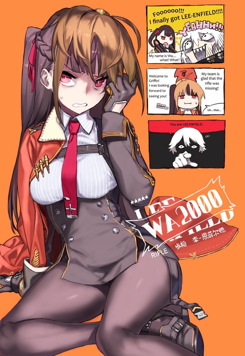 1boy 2girls 92m annoyed black_hair brown_eyes bullpup commander_(girls_frontline) commentary_request cosplay embarrassed english girls_frontline gloves gun highres jacket lee-enfield_(girls_frontline) monocle multiple_girls necktie pantyhose rifle sniper_rifle thigh-highs wa2000_(girls_frontline) walther walther_wa_2000 weapon white_hair wig