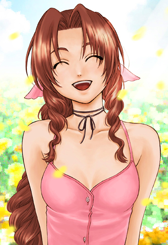 1girl aerith_gainsborough bow braid breasts brown_hair commentary_request dress final_fantasy final_fantasy_vii graphite_(medium) hair_ribbon long_hair lowres pink_bow pink_dress ribbon smile solo traditional_media