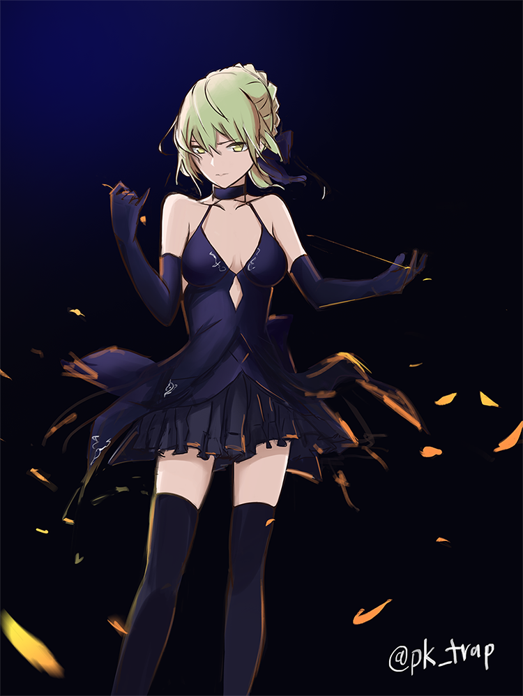 artoria_pendragon_(all) bare_shoulders black_background black_dress black_legwear blonde_hair braid breasts choker cleavage cutout dress elbow_gloves fate/grand_order fate_(series) french_braid gloves hair_up low_neckline pk_trap saber saber_alter short_dress signature simple_background thigh-highs type-moon wind yellow_eyes zettai_ryouiki