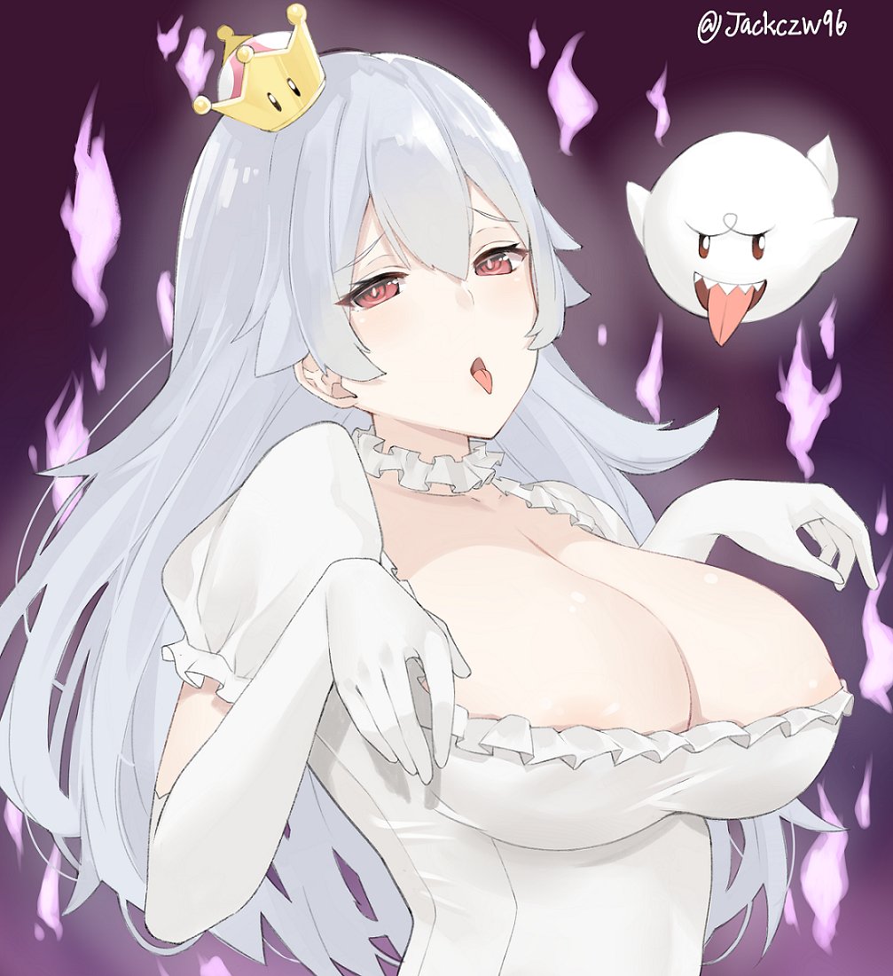1girl breasts crown dress frilled_dress frilled_gloves frills ghost_pose gloves j@ck looking_at_viewer luigi's_mansion super_mario_bros. mini_crown new_super_mario_bros._u_deluxe nintendo princess_king_boo purple_tongue red_eyes sharp_teeth solo super_crown super_mario_bros. teeth tongue tongue_out white_dress white_hair