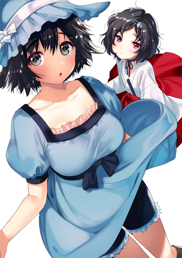 1boy 1girl black_hair blush breasts collarbone cowboy_shot dress grey_eyes hair_ornament hat japanese_clothes looking_at_viewer medium_breasts miko neck_ribbon ogino_atsuki open_mouth otoko_no_ko red_eyes ribbon shiina_mayuri short_hair short_shorts short_sleeves shorts simple_background skull_hair_ornament smile steins;gate urushibara_ruka white_background