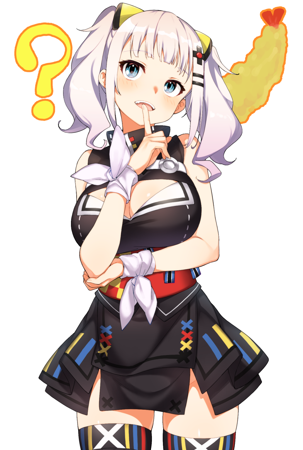 1girl ? bangs bare_shoulders black_dress blue_eyes blush breasts cleavage cleavage_cutout d-pad d-pad_hair_ornament dress finger_in_mouth hair_ornament hairclip hatakenaka_(kamagabuchi) highres index_finger_raised kaguya_luna kaguya_luna_(character) large_breasts long_hair looking_up obi open_mouth ribbon sash silver_hair simple_background sleeveless sleeveless_dress smile solo striped striped_legwear thighs twintails virtual_youtuber white_background white_ribbon wrist_ribbon x_hair_ornament