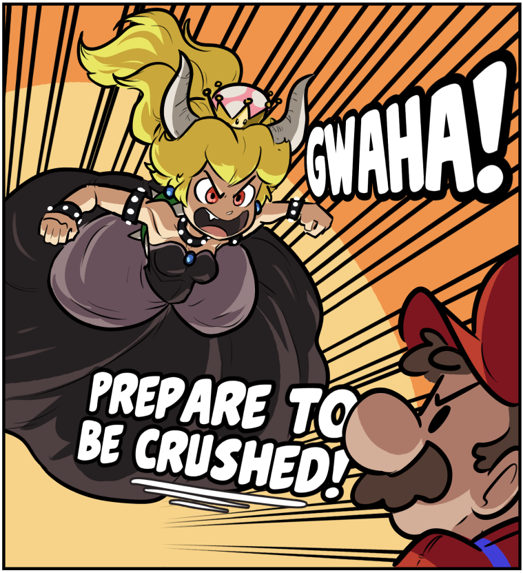 1boy 1girl armlet bare_shoulders black_dress blonde_hair bowsette bracelet brooch brown_hair clenched_hands collar crown dress earrings english facial_hair fang hat horns ian_samson jewelry long_hair looking_at_another mario super_mario_bros. midair mustache new_super_mario_bros._u_deluxe nintendo red_eyes speed_lines spiked_armlet spiked_bracelet spiked_collar spiked_shell spikes strapless strapless_dress super_crown turtle_shell v-shaped_eyebrows
