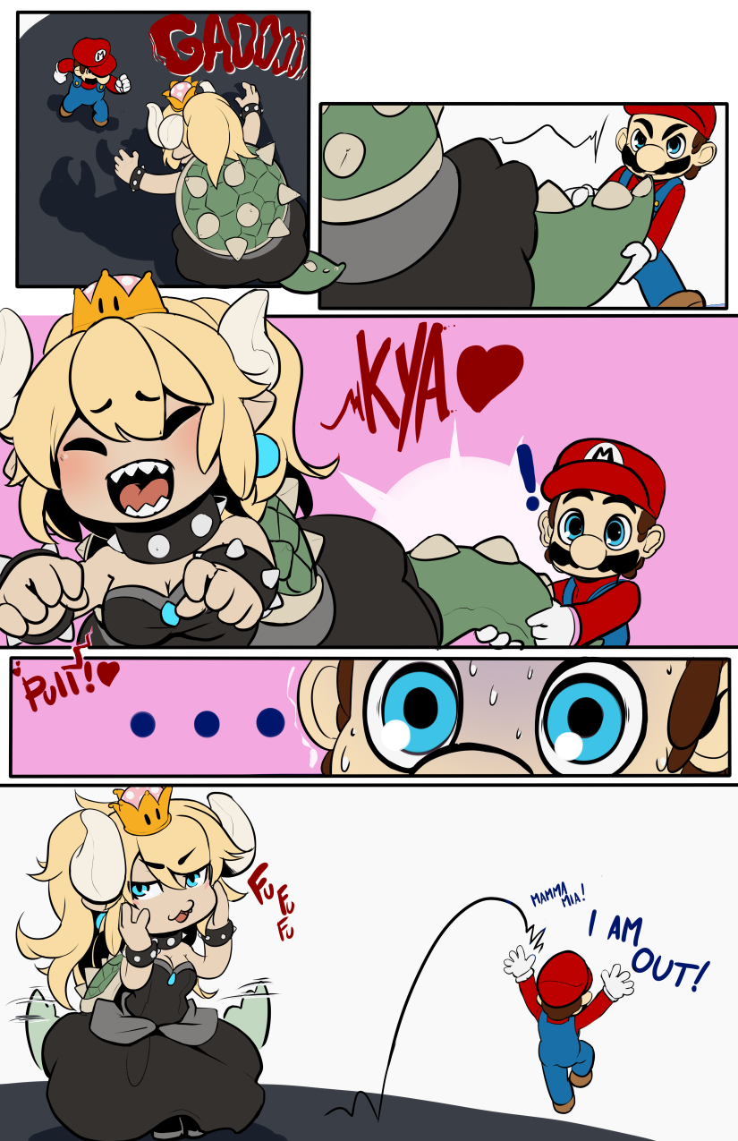 ... 1boy 1girl blonde_hair blue_eyes blush bowser bowsette breasts cabbie_hat cleavage comic commentary crown dress drow_tales english_commentary facial_hair gameplay_mechanics genderswap genderswap_(mtf) half-closed_eyes hat heart highres horns jumping mario super_mario_bros. mustache new_super_mario_bros._u_deluxe nintendo pulling shadow shell super_crown suspenders sweatdrop tail tail_pull