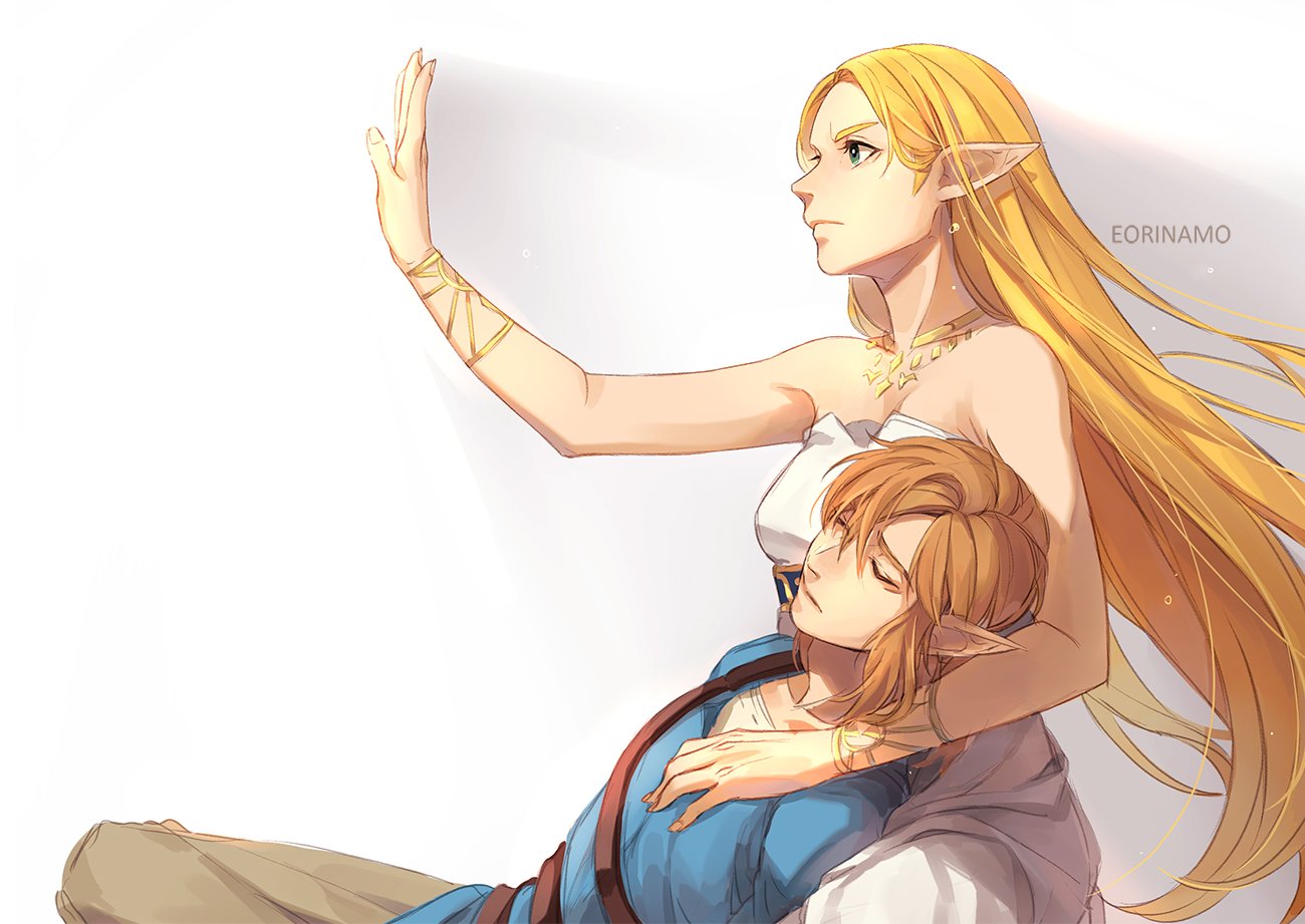 1boy 1girl artist_name bare_shoulders blonde_hair blue_tunic bracelet bracer breasts closed_eyes closed_mouth dress eorinamo green_eyes hand_up jewelry large_breasts link long_hair lying lying_on_person necklace nintendo on_back pants pointy_ears princess_zelda sleeveless sleeveless_dress strap strapless strapless_dress the_legend_of_zelda tunic unconscious very_long_hair white_dress