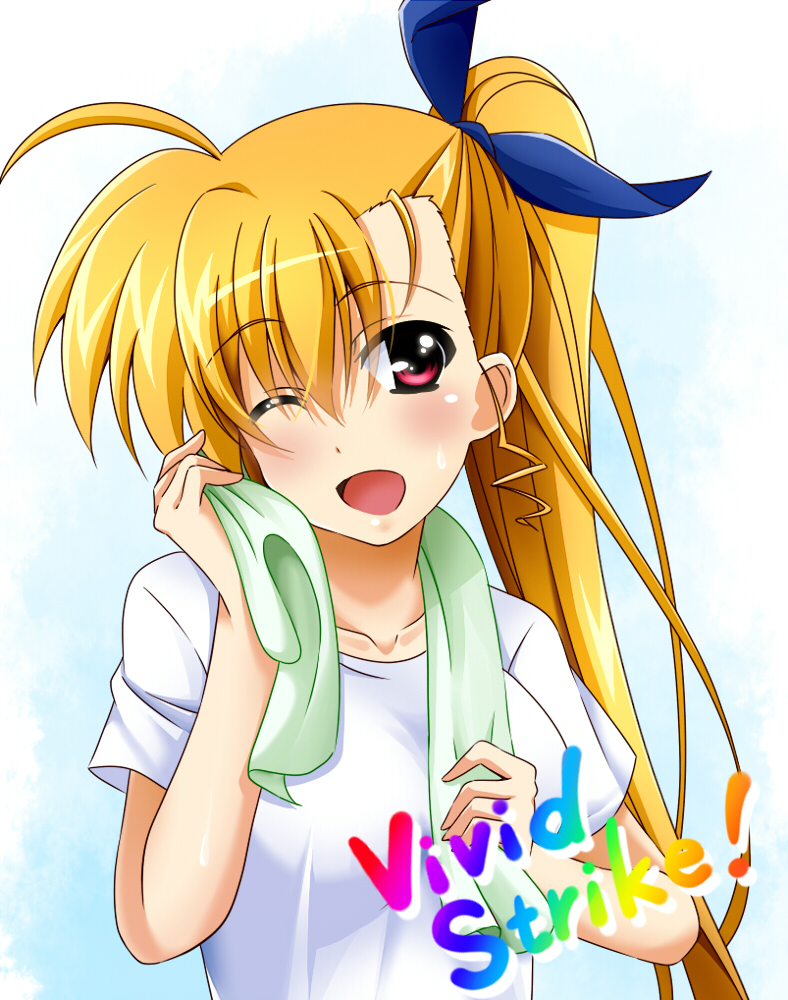 1girl ;d blonde_hair blue_bow bow copyright_name eyebrows_visible_through_hair green_towel hair_between_eyes hair_bow long_hair lyrical_nanoha one_eye_closed open_mouth red_eyes shirt short_sleeves side_ponytail smile solo sweatdrop towel towel_around_neck upper_body very_long_hair vivid_strike! vivio white_shirt yorousa_(yoroiusagi)