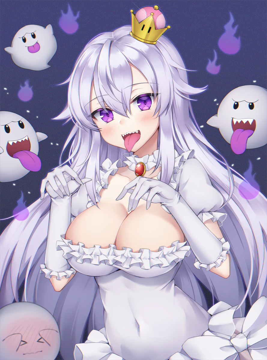 &gt;_&lt; 1girl :d bangs blush boo breasts cleavage closed_eyes closed_mouth commentary_request covered_navel crown dress elbow_gloves eyebrows_visible_through_hair frilled_dress frilled_gloves frills gloves hair_between_eyes hands_up head_tilt highres large_breasts looking_at_viewer luigi's_mansion super_mario_bros. mini_crown new_super_mario_bros._u_deluxe nintendo nose_blush open_mouth pong_(vndn124) princess_king_boo puffy_short_sleeves puffy_sleeves purple_background purple_tongue sharp_teeth short_sleeves silver_hair smile super_crown teeth tilted_headwear tongue tongue_out violet_eyes wavy_mouth white_dress white_gloves