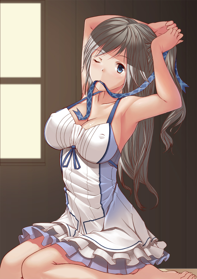 1girl arm_up armpits barefoot blue_eyes blue_ribbon blush breasts brown_hair cleavage collarbone covered_nipples cucouroux_(granblue_fantasy) dress eyebrows_visible_through_hair from_side granblue_fantasy indoors large_breasts long_hair mochi19901019 mouth_hold one_eye_closed ribbon solo tying_hair windows wooden_wall