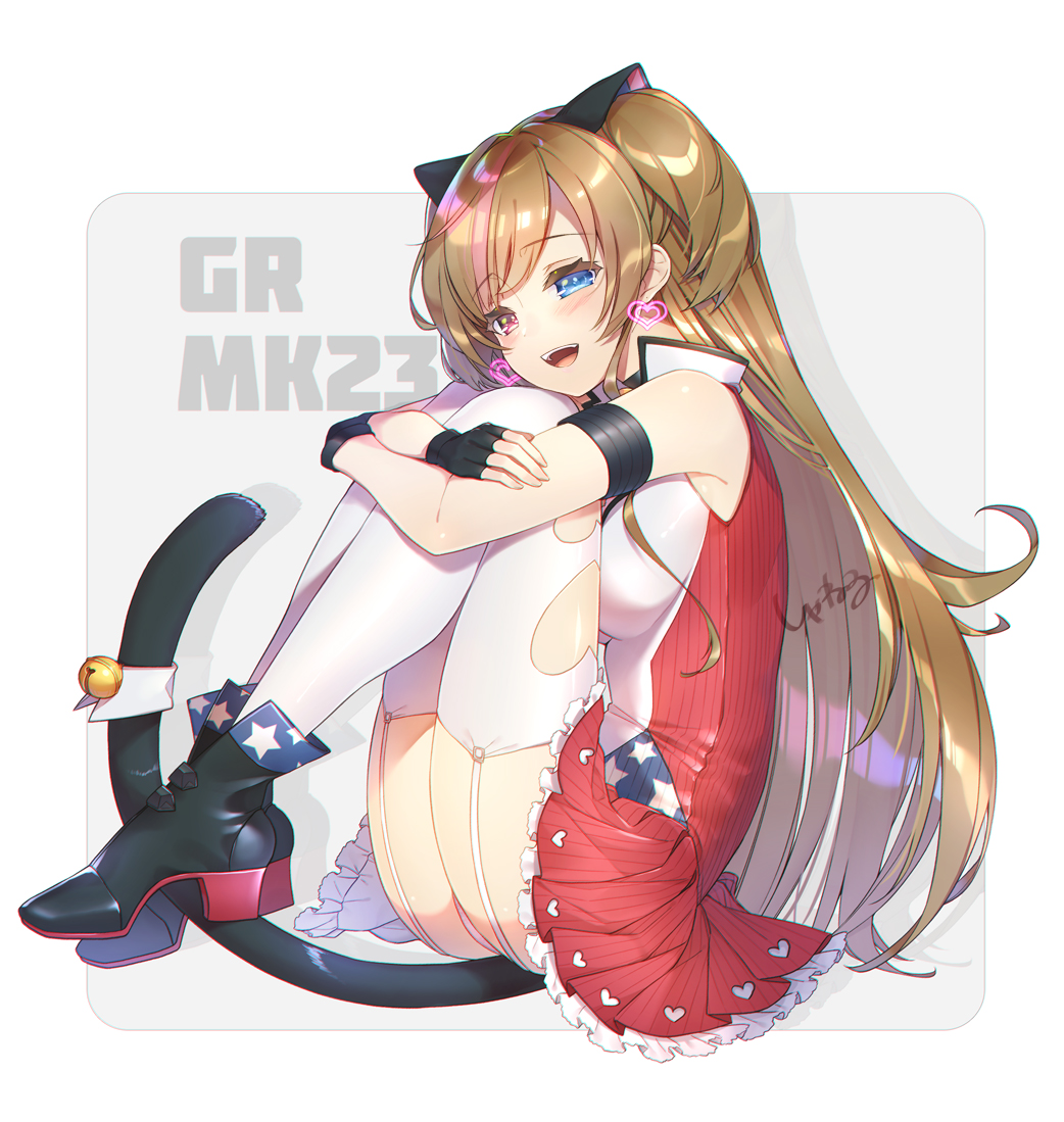 1girl animal_ears armband bangs bell blue_eyes blush breasts brown_hair cat_ears cat_tail cleavage earrings garter_straps girls_frontline heart heart_earrings heterochromia jewelry long_hair looking_at_viewer medium_breasts mk_23_(girls_frontline) multicolored_hair open_mouth panties red_eyes shaneru shoes simple_background solo streaked_hair tail underwear white_legwear