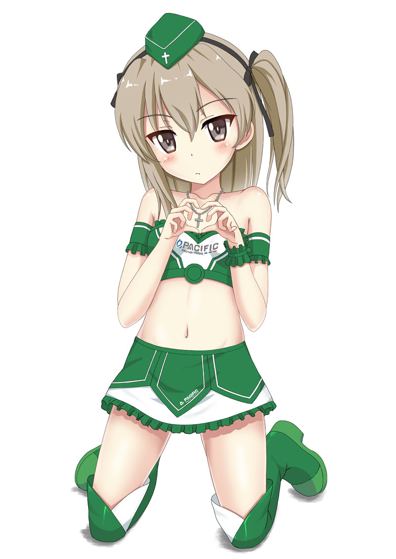 1girl black_bow black_hairband blush boots bow breasts brown_eyes closed_mouth collarbone commentary_request crop_top cross cross_necklace flipper frilled_skirt frills garrison_cap girls_und_panzer green_footwear green_hat green_legwear green_skirt hair_bow hairband hat head_tilt heart heart_hands jewelry kneeling light_brown_hair long_hair looking_at_viewer midriff navel necklace one_side_up shimada_arisu simple_background skirt small_breasts solo thigh-highs thigh_boots white_background