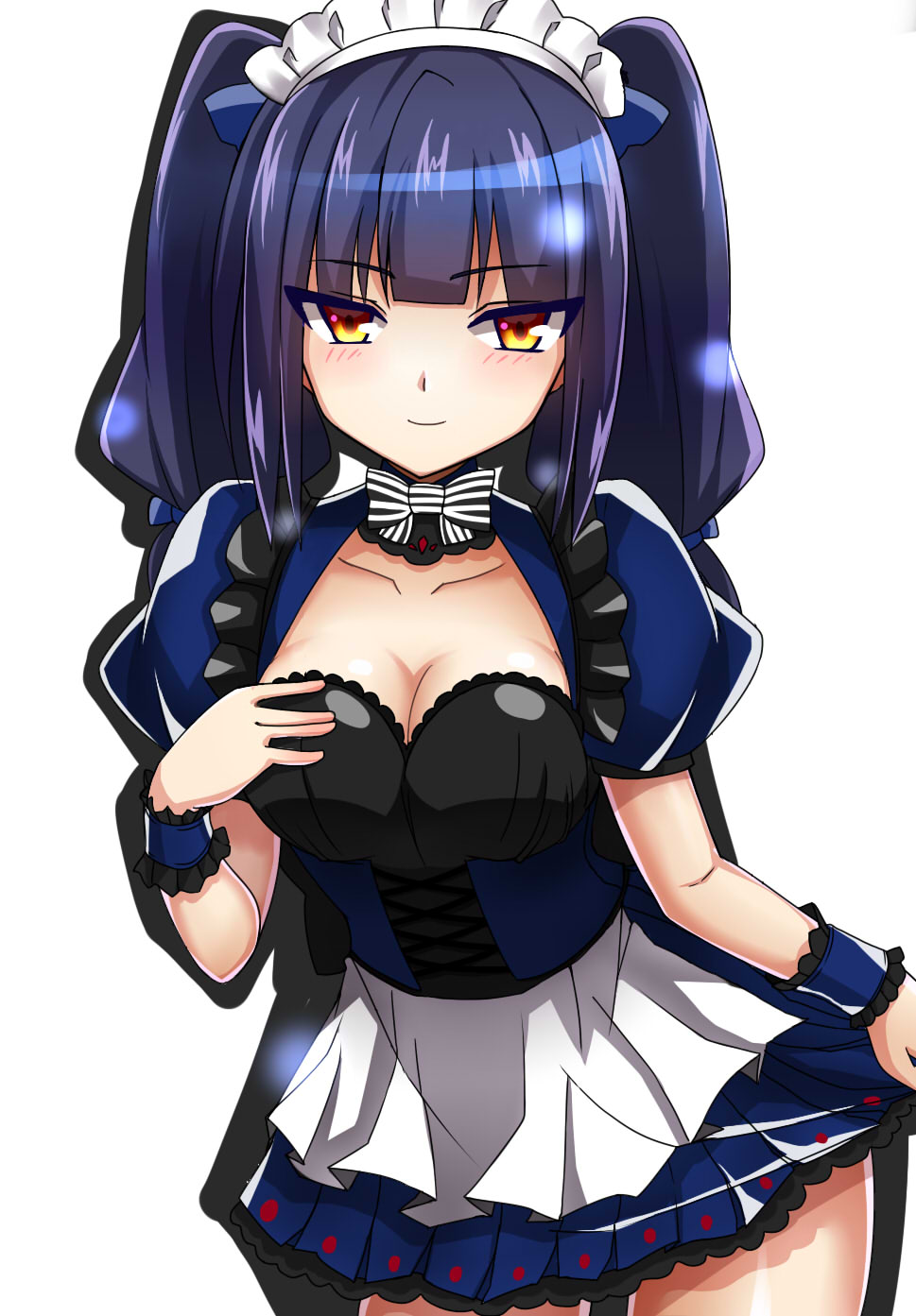 1girl alice360 alternate_costume blue_hair bow bowtie breasts cleavage collarbone cowboy_shot crimson_avenger_(elsword) elesis_(elsword) elsword enmaided eyebrows_visible_through_hair highres long_hair looking_at_viewer maid maid_headdress medium_breasts miniskirt skirt smile solo striped striped_bow wrist_cuffs yellow_eyes