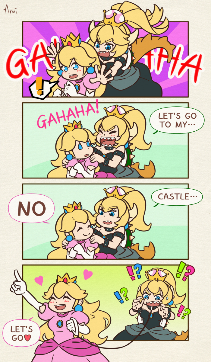 ! !? 2girls 4koma ^_^ artist_request black_dress blonde_hair blue_eyes bowsette bracelet brooch closed_eyes closed_eyes collar comic crown dress elbow_gloves english gloves heart horns jewelry laughing leash long_hair super_mario_bros. multiple_girls new_super_mario_bros._u_deluxe nintendo open_mouth pink_dress ponytail princess_peach sharp_teeth smile super_crown super_mario_bros. sweatdrop tail teeth