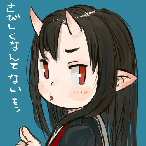 1girl black_hair black_shirt commentary_request ebimomo grey_sailor_collar horns long_hair lowres neckerchief oni oni_horns original parted_lips pointy_ears red_eyes red_neckwear sailor_collar school_uniform serafuku shirt solo translation_request