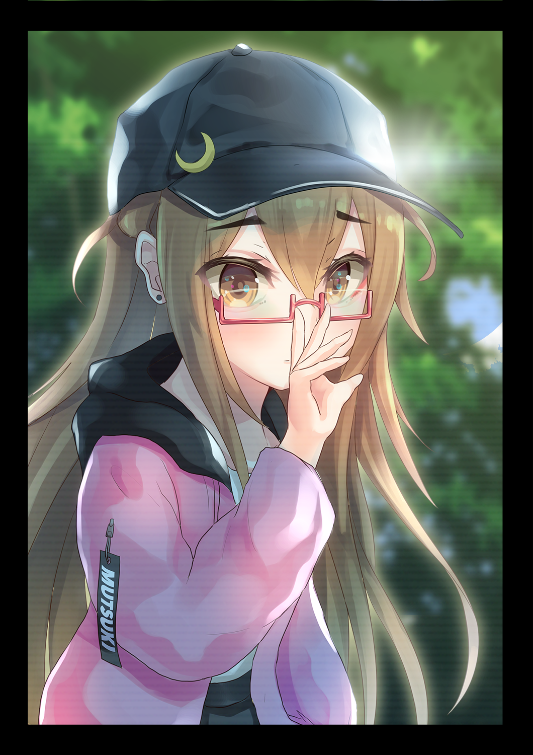 1girl bangs baseball_cap black_hat black_skirt blurry blurry_background brown_eyes brown_hair closed_mouth commentary_request crescent crescent_moon_pin day depth_of_field eyebrows_visible_through_hair hair_between_eyes hamalu hand_up hat hat_pin highres hood hood_down hooded_jacket jacket kantai_collection long_hair long_sleeves looking_at_viewer mochizuki_(kantai_collection) open_clothes open_jacket outdoors pink_jacket puffy_long_sleeves puffy_sleeves red-framed_eyewear semi-rimless_eyewear skirt solo under-rim_eyewear very_long_hair