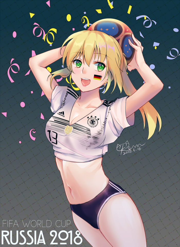 1girl 2018_fifa_world_cup :d ball bangs blonde_hair breasts buruma cleavage dated eyebrows_visible_through_hair german_flag green_eyes hair_between_eyes kevn long_hair midriff navel open_mouth shirt_lift short_sleeves smile soccer_ball soccer_uniform solo sportswear stomach world_cup