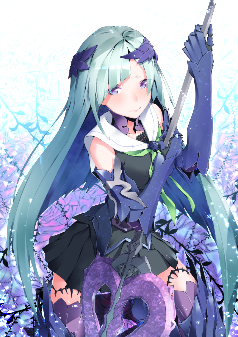 1girl aqua_hair armor black_skirt breasts brynhildr_(fate) brynhildr_romantia closed_mouth commentary_request fate/grand_order fate_(series) flower gauntlets headpiece holding holding_spear holding_weapon long_hair looking_at_viewer medium_breasts polearm sahara386 skirt solo spear standing thigh-highs thighs very_long_hair violet_eyes weapon