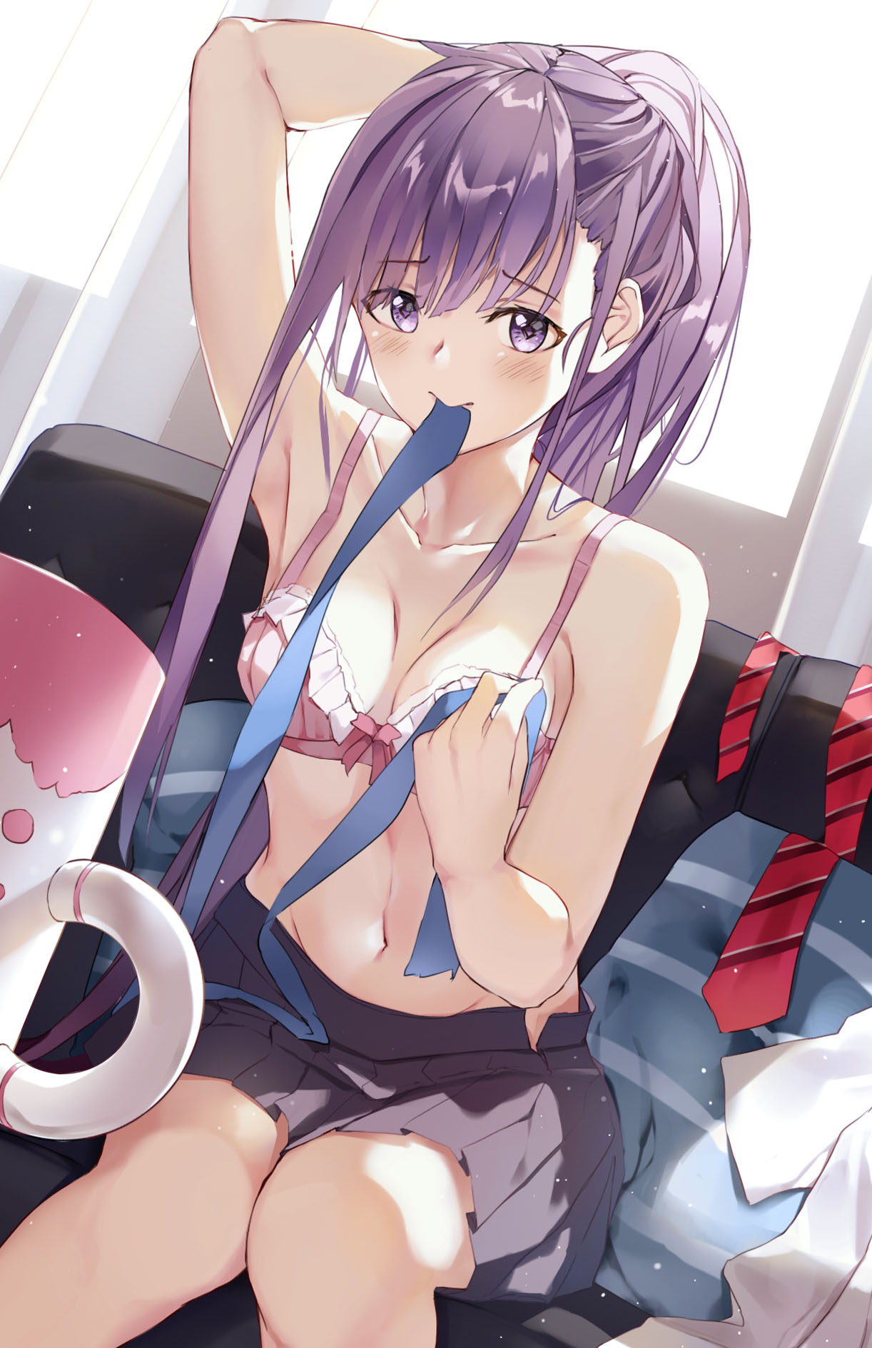 1girl arm_up bangs bare_arms bare_shoulders blue_ribbon blush bow bow_bra bra breasts brown_skirt collarbone couch cup curtains day diagonal-striped_neckwear diagonal_stripes dutch_angle eyebrows_visible_through_hair fate/grand_order fate_(series) hair_between_eyes hand_up highres indoors long_hair medium_breasts meltlilith mouth_hold mug navel necktie necktie_removed niii_(memstapak) no_shoes on_couch pillow pink_bra pleated_skirt purple_hair red_neckwear ribbon ribbon_in_mouth shirt shirt_removed sitting skirt solo striped striped_neckwear sunlight transparent underwear very_long_hair violet_eyes white_shirt