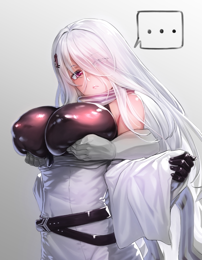 ... 1girl bare_shoulders black_gloves breasts character_request closed_mouth commentary_request covered_nipples eyebrows_visible_through_hair eyes girls_frontline gloves gradient gradient_background grey_background h_kasei hair_ornament large_breasts long_hair long_sleeves looking_at_viewer red_eyes sleeves_past_wrists solo_focus speech_bubble spoken_ellipsis upper_body very_long_hair white_hair wide_sleeves