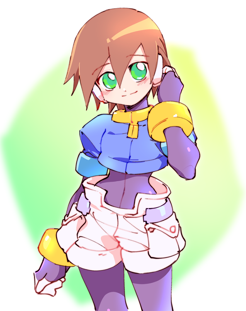 1girl aile bangs blush bodystocking bracelet brown_hair capcom cowboy_shot green_eyes hair_between_eyes hair_tucking head_tilt jewelry kon_(kin219) light_smile looking_at_viewer pocket robot_ears rockman rockman_zx short_hair shorts simple_background smile solo white_shorts