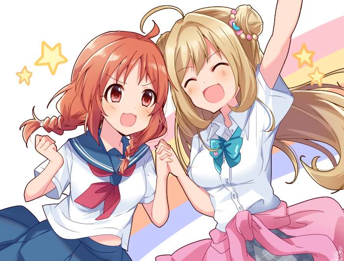 2girls :d ^_^ abe_nana ahoge arm_up bangs blue_sailor_collar blue_skirt blush braid breasts brown_hair closed_eyes closed_eyes clothes_around_waist collared_shirt commentary_request double_bun dress_shirt eyebrows_visible_through_hair grey_skirt hair_between_eyes hair_intakes hand_holding idolmaster idolmaster_cinderella_girls interlocked_fingers light_brown_hair long_hair medium_breasts multiple_girls neckerchief omuretsu open_mouth plaid plaid_skirt pleated_skirt red_eyes red_neckwear sailor_collar satou_shin school_uniform serafuku shirt short_sleeves side_bun skirt small_breasts smile star twin_braids very_long_hair white_shirt