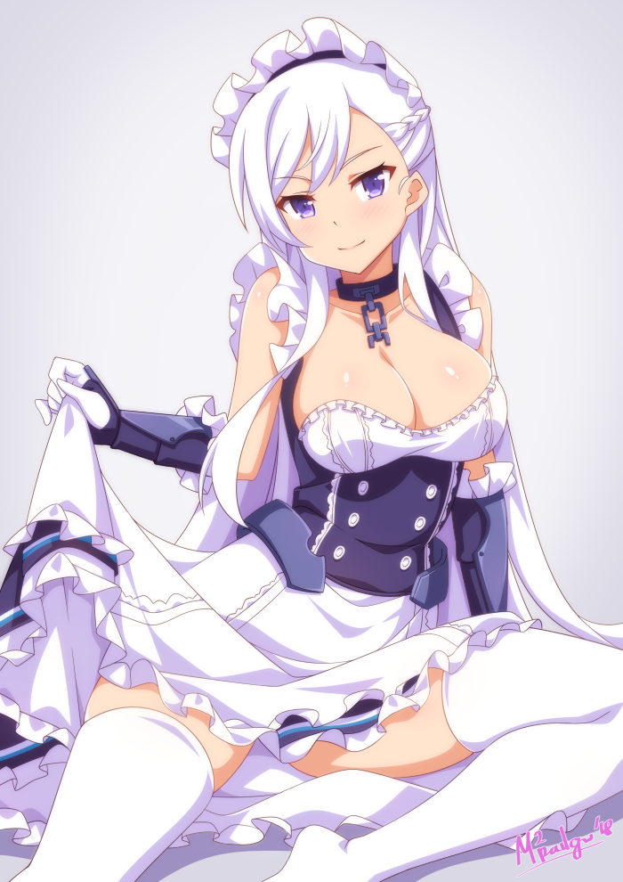 1girl artist_name azur_lane belfast_(azur_lane) black_collar breasts chains cleavage closed_mouth collar grey_background large_breasts lifted_by_self long_hair looking_at_viewer mmrailgun simple_background skirt skirt_lift smile solo thigh-highs violet_eyes white_hair white_legwear white_skirt