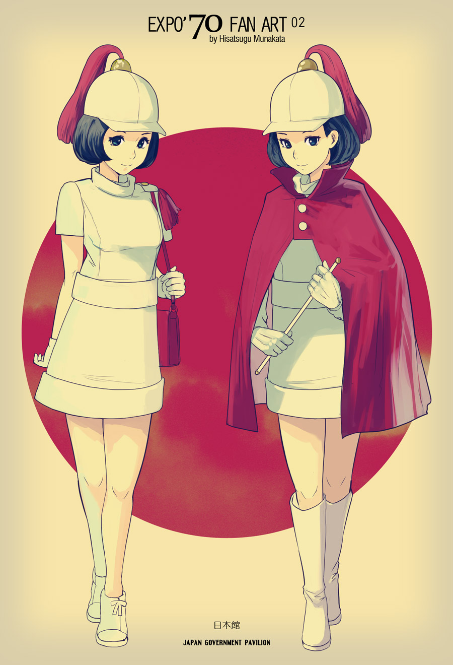 2girls artist_name black_hair bob_cut boots cape closed_mouth dress gloves hat highres holding japanese_flag looking_at_viewer multiple_girls munakata_(hisahige) original plume red_cape shoes short_hair smile standing white_dress white_footwear white_gloves