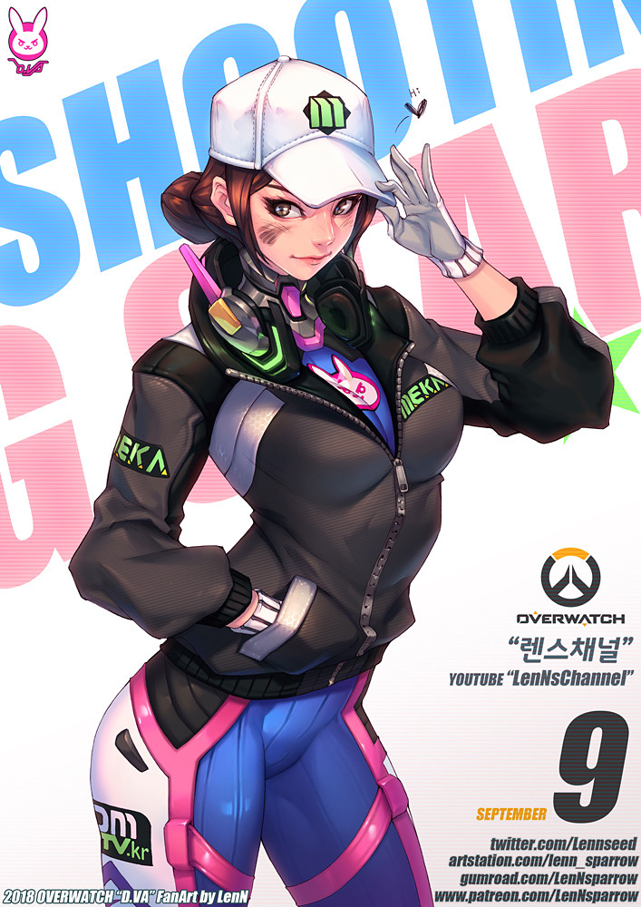 1girl 2018 acronym alternate_hairstyle animal_print artist_name artstation_username bangs baseball_cap blue_bodysuit bodysuit breasts brown_eyes brown_hair bunny_print character_name closed_mouth clothes_writing copyright_name cowboy_shot d.va_(overwatch) dated dirty_face emblem eyebrows eyelashes facepaint facial_mark gumroad_username hand_on_headwear hat headphones headphones_around_neck heart high_collar jacket lenn_sparrow logo long_hair looking_at_viewer medium_breasts nose overwatch patreon_username pilot_suit pink_lips ponytail ribbed_bodysuit shooting_star_d.va skin_tight smile solo swept_bangs twitter_username watermark web_address youtube_username zipper zipper_pull_tab