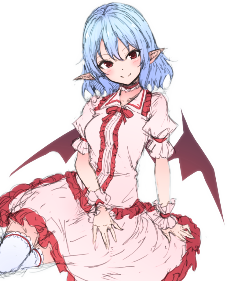 1girl bangs blue_hair blush breasts center_frills choker commentary dress eyebrows_visible_through_hair feet_out_of_frame frilled_choker frilled_dress frilled_legwear frilled_shirt_collar frills head_tilt junior27016 looking_at_viewer medium_breasts no_hat no_headwear pink_dress pointy_ears puffy_short_sleeves puffy_sleeves red_choker red_eyes red_ribbon remilia_scarlet ribbon short_hair short_sleeves simple_background sketch smile solo thigh-highs thighs touhou white_background white_legwear zettai_ryouiki
