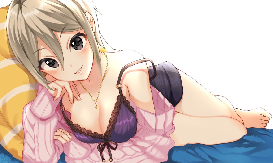 1girl bangs bare_shoulders black_eyes black_shorts blush breasts camisole cardigan cleavage collarbone feet grey_hair hair_between_eyes idolmaster idolmaster_cinderella_girls jewelry legs looking_at_viewer lying medium_breasts necklace o-ring off_shoulder on_side open_cardigan open_clothes parted_bangs pillow pink_sweater purple_camisole shiomi_shuuko short_hair shorts simple_background smile solo strap_slip sweater thighs uruhara_ryuuku white_background