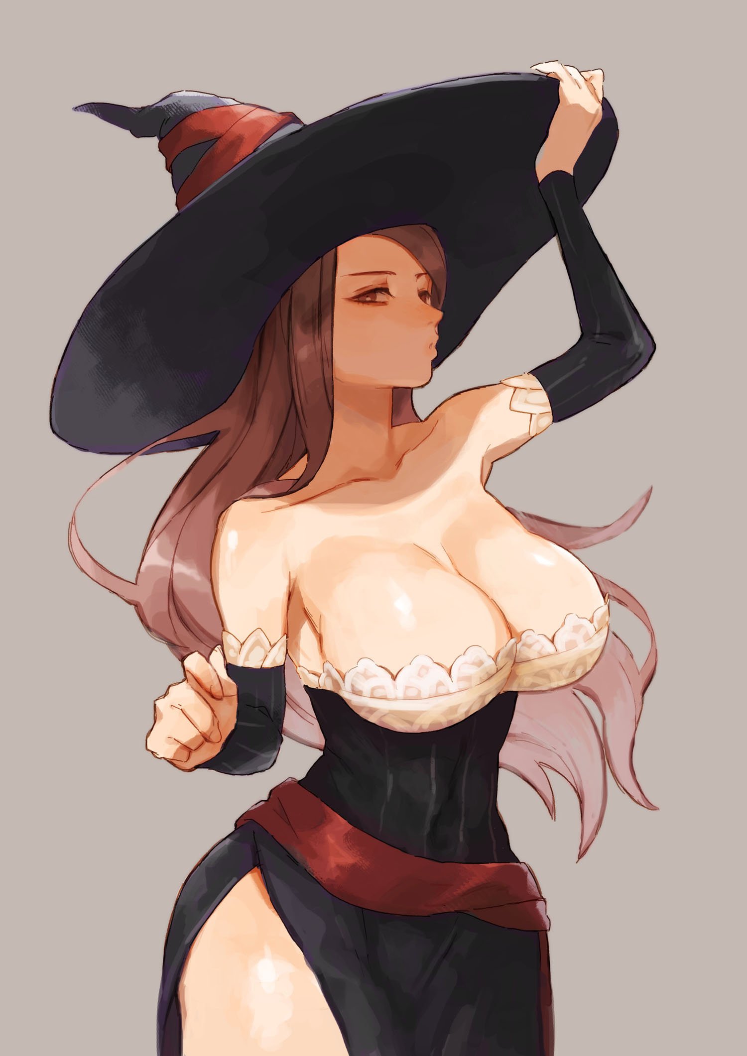 1girl armpits bare_shoulders breasts brown_eyes brown_hair cleavage collarbone commentary_request domodesu dragon's_crown eyebrows eyelashes female grey_background hand_on_headwear hat highres hips large_breasts long_hair looking_at_viewer solo sorceress_(dragon's_crown) thick_thighs thighs wide_hips witch_hat