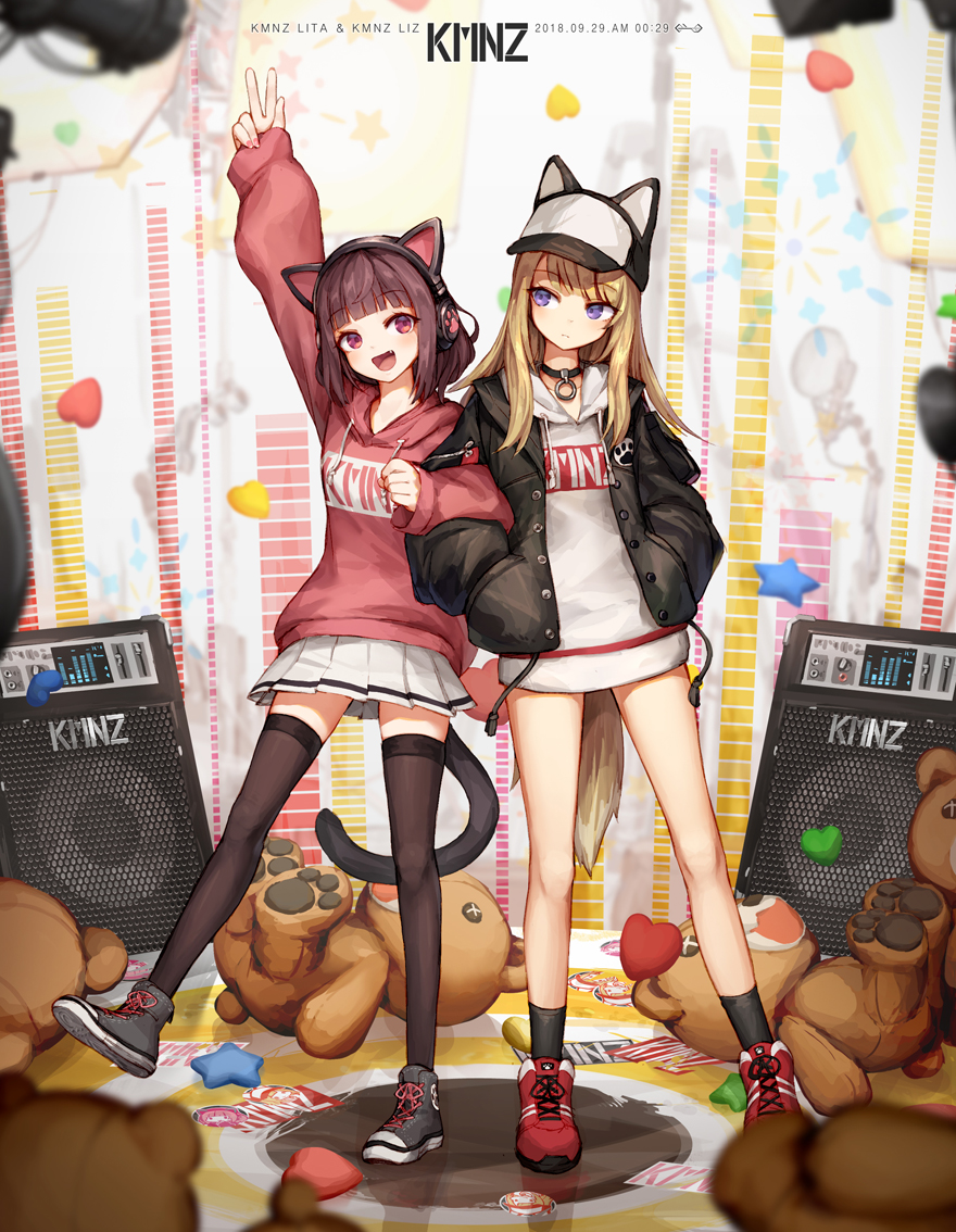 2girls animal_ears animal_hat arm_up bangs baseball_cap black_footwear black_jacket black_legwear brown_hair brown_legwear c cat_ear_headphones cat_ears cat_hat character_name closed_mouth commentary copyright_name drawstring eyebrows_visible_through_hair hands_in_pockets hat head_tilt headphones hood hood_down hoodie jacket jakoujika kmnz light_brown_hair long_hair long_sleeves mc_lita mc_liz multiple_girls open_clothes open_jacket pleated_skirt puffy_long_sleeves puffy_sleeves red_eyes red_footwear red_hoodie shoes skirt sleeves_past_wrists socks speaker standing standing_on_one_leg stuffed_animal stuffed_toy teddy_bear thigh-highs violet_eyes virtual_youtuber white_hoodie white_skirt