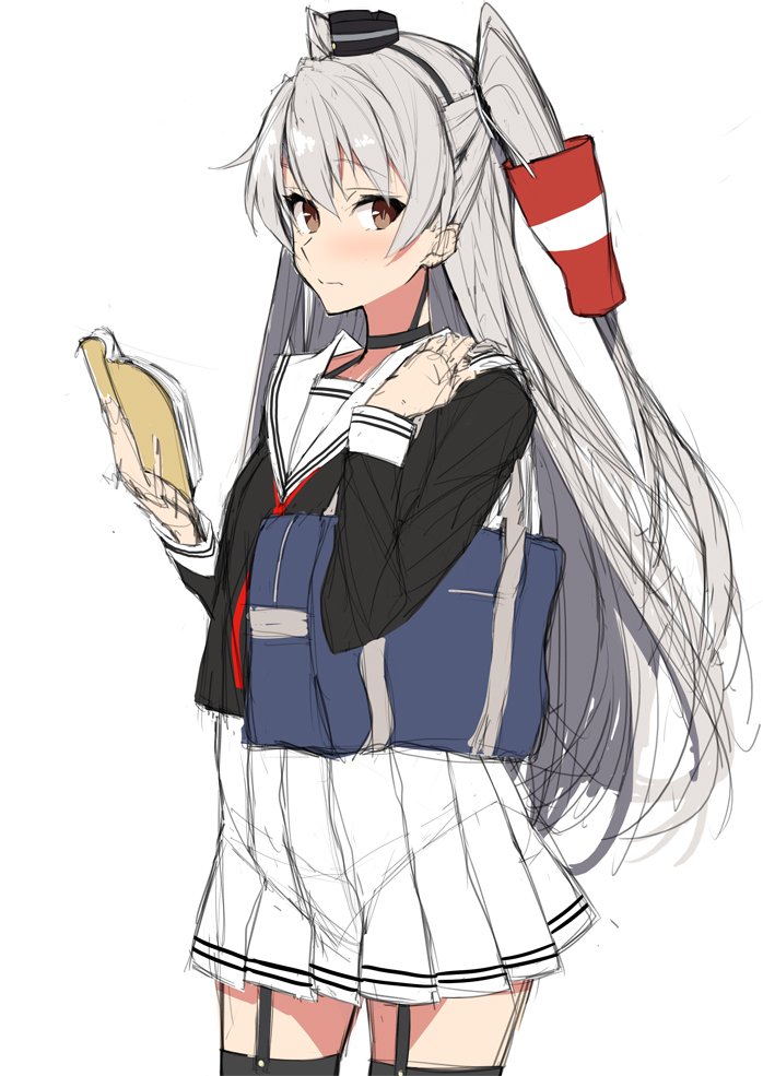 1girl amatsukaze_(kantai_collection) bag blush book choker closed_mouth cowboy_shot dress gloves grey_hair hairband hat holding itsui_(dihydrogenmonoxid) kantai_collection long_hair looking_at_viewer looking_to_the_side mini_hat school_bag school_uniform see-through serafuku short_dress simple_background sketch solo suspenders thigh-highs two_side_up white_background white_gloves yellow_eyes zettai_ryouiki