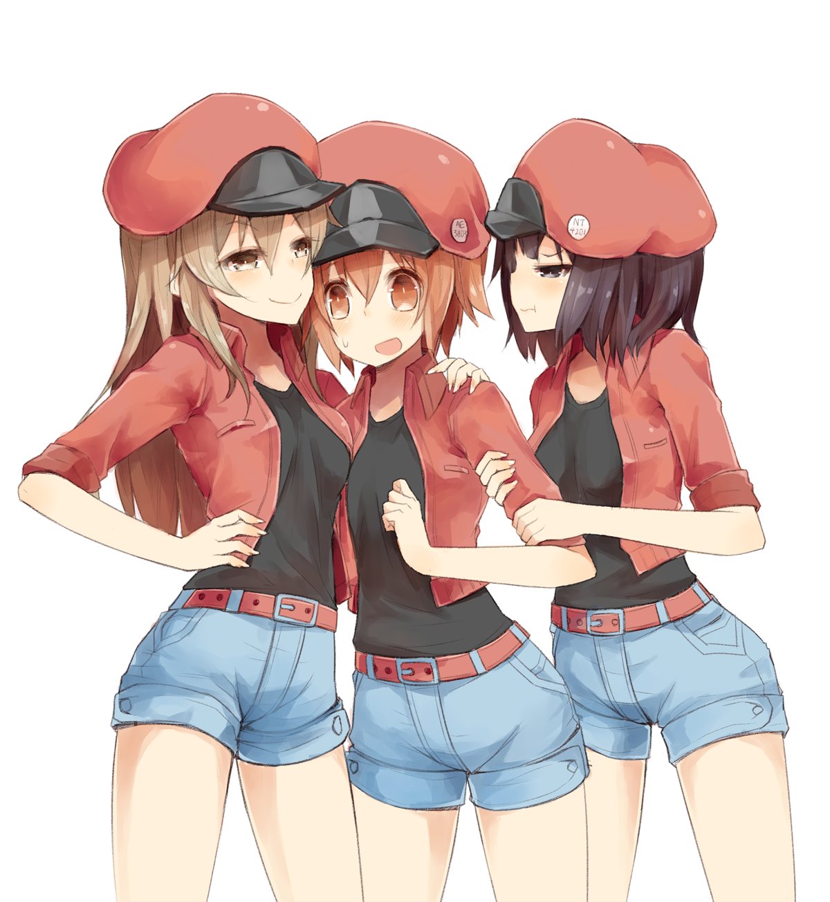 3girls aa-5100 ae-3803 arashiya belt black_shirt hat hataraku_saibou highres jacket multiple_girls nt-4201 pout red_blood_cell_(hataraku_saibou) red_jacket redhead shirt smile