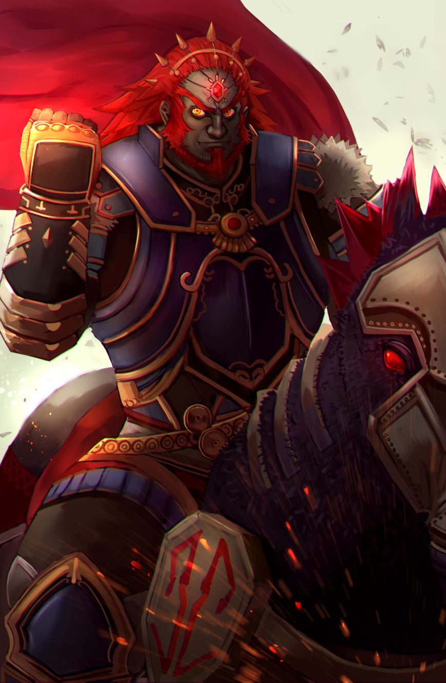 akainoda amulet armor barding beard cape clenched_hand dark_skin facial_hair forehead_jewel ganondorf gauntlets hair_ornament highres horseback_riding long_hair looking_at_viewer male_focus nintendo red_cape red_eyes redhead riding the_legend_of_zelda white_background yellow_eyes