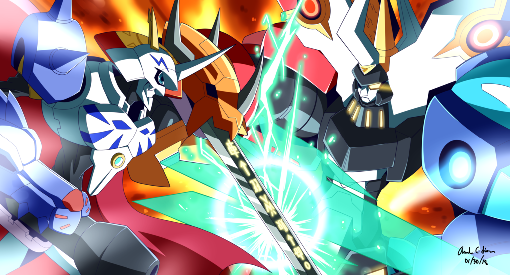 android arm_blade arm_cannon armor battle blank_eyes blue_eyes cape claws commentary commission digimon digimon_adventure dual_wielding duel energy_blade energy_sword english_commentary glowing helmet holding horns innovator123 monster no_humans omega_(rockman) omegamon red_cape rockman rockman_zero spikes sword weapon yellow_eyes