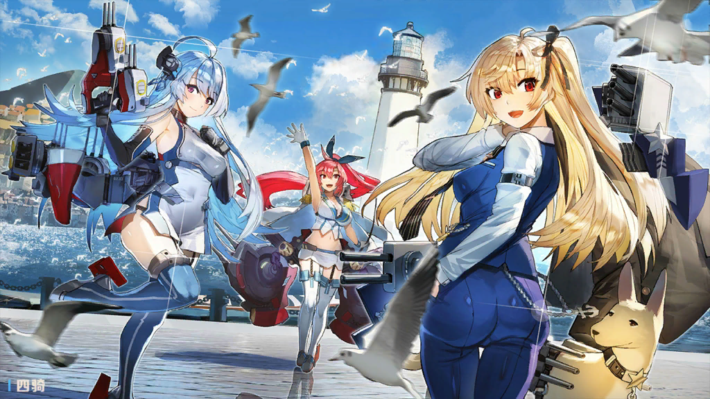 3girls :d ahoge arm_up artist_request ass azur_lane bird black_panties blonde_hair blue_hair blue_legwear blue_sky blurry blurry_foreground breasts cleavage cleveland_(azur_lane) day depth_of_field dog dress dutch_angle epaulettes from_behind garter_straps glint gloves hair_ribbon hand_in_pocket helena_(azur_lane) large_breasts lighthouse looking_at_viewer looking_back medium_breasts midriff multiple_girls navel official_art one_side_up open_mouth panties ponytail red_eyes redhead ribbon rigging shirt short_dress skirt sky smile standing standing_on_one_leg taut_clothes taut_shirt thigh-highs underwear white_gloves white_legwear wichita_(azur_lane)