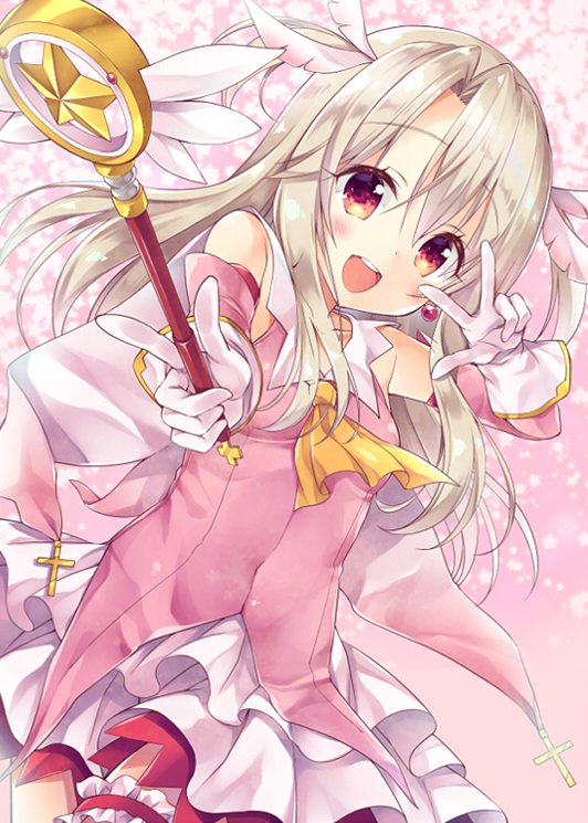 1girl bangs bare_shoulders blush breasts dress earrings elbow_gloves fate/kaleid_liner_prisma_illya fate_(series) feathers gloves hair_between_eyes hair_feathers hand_gesture holding holding_wand illyasviel_von_einzbern jewelry kaleidostick long_hair looking_at_viewer magical_girl magical_ruby open_mouth pink_background pink_dress prisma_illya red_eyes sasorigatame small_breasts smile solo sparkle two_side_up w wand white_gloves white_hair