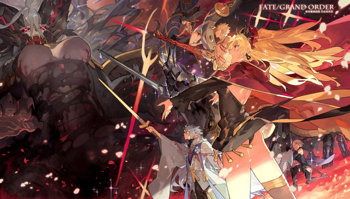 cape copyright_name ea_(fate/stay_night) ereshkigal_(fate/grand_order) excalibur fangs fate/grand_order fate_(series) gilgamesh hair_over_one_eye hair_ribbon heavenly_boat_maanna horns ishtar_(fate/grand_order) king_hassan_(fate/grand_order) mash_kyrielight merlin_(fate) petals pointing_sword ribbon shield skull_mask starshadowmagician sword tiamat_(fate/grand_order) weapon