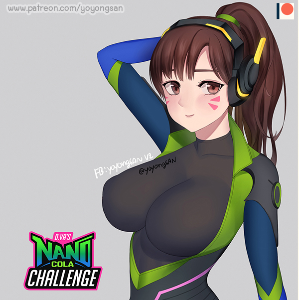 1girl alternate_hairstyle arm_at_side black_bodysuit bodysuit breasts brown_eyes brown_hair closed_mouth covered_collarbone d.va_(overwatch) eyelashes facepaint facial_mark grey_background hand_behind_head headphones high_collar large_breasts long_hair looking_at_viewer overwatch patreon_username pilot_suit ponytail ribbed_bodysuit shoulder_pads simple_background skin_tight smile solo twitter_username upper_body whisker_markings yoyongsan